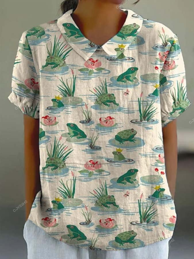 Women's Lovely Floral Frogs Art Print Casual   Shirt