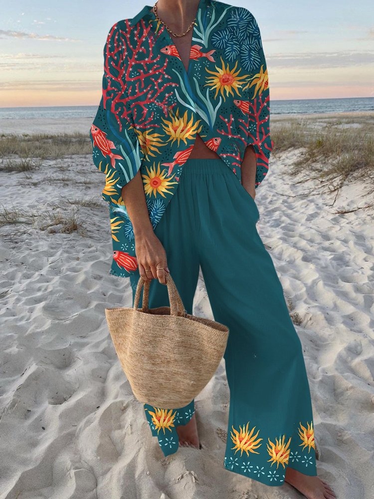 Seabed Coral Print Long Sleeve Two-Piece Set