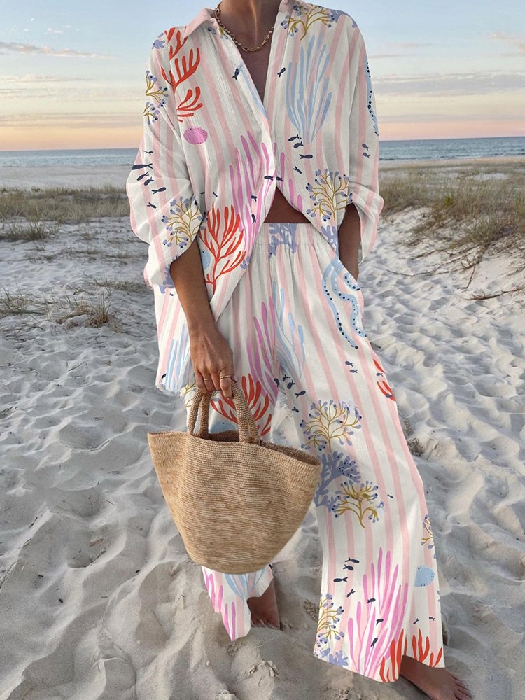 Coral Stripe Print Long Sleeve Two-Piece Set