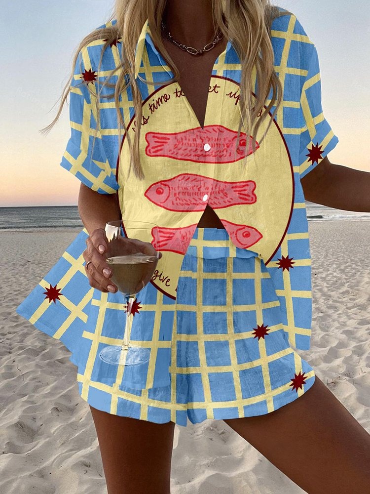 Sea Fish Print Plaid Casual Two-piece Set