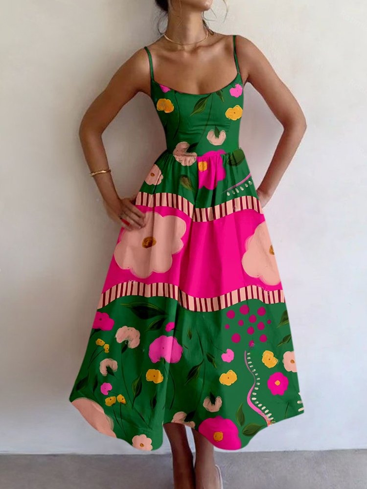 Grass Floral Print Sling Dress