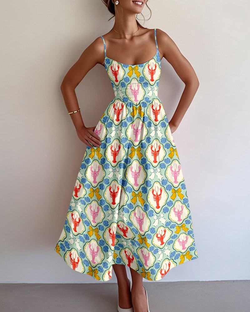 Lobster Shell Bow Printed Halter Dress