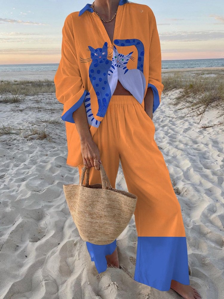 Spotted Cat-Print Long-Sleeve Pants Two-Piece Set