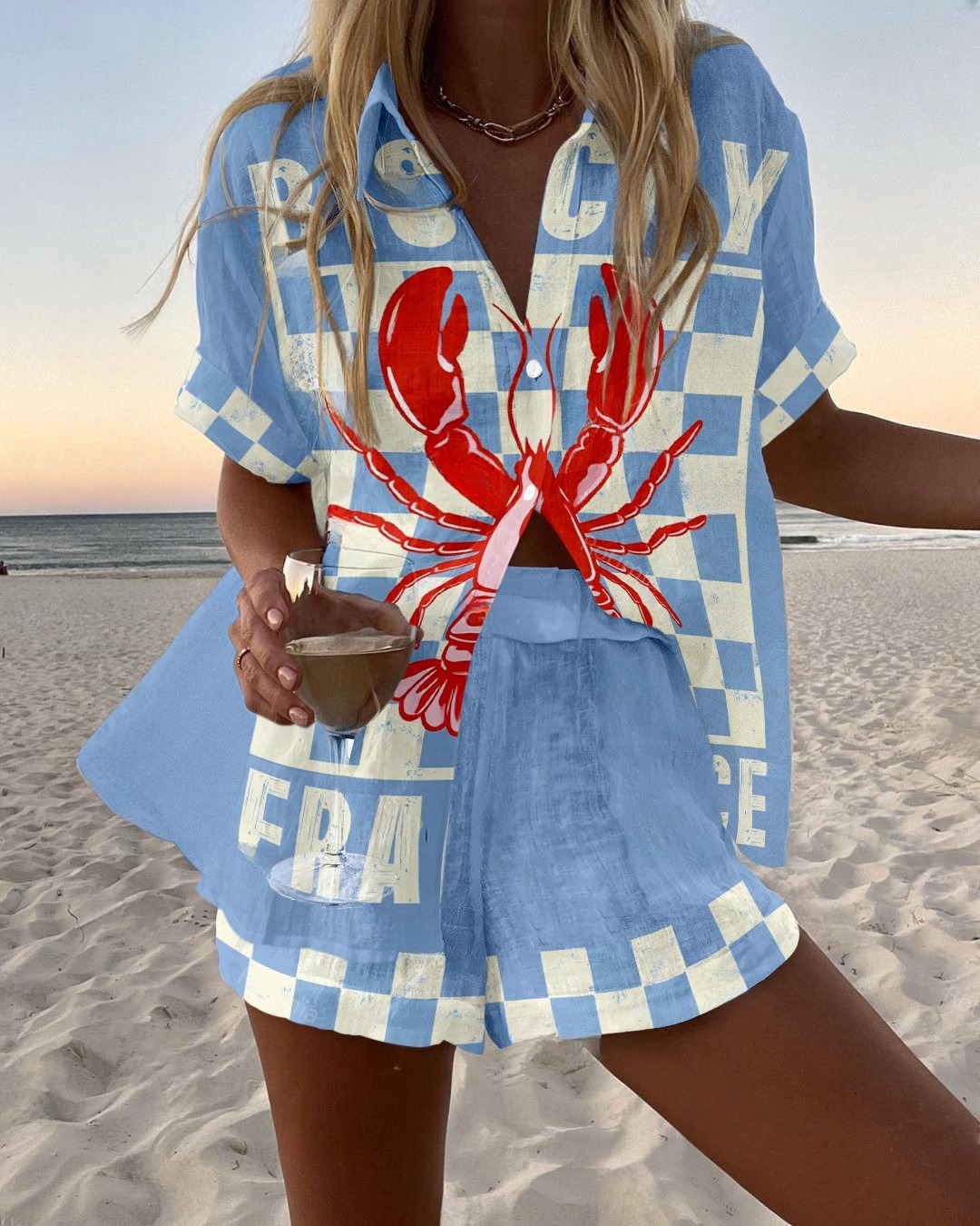 French Lobster Check Printed Shirt Set