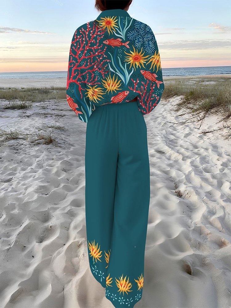 Seabed Coral Print Long Sleeve Two-Piece Set