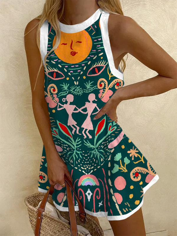 Vintage Oil Painting Printed Vest Mini Dress