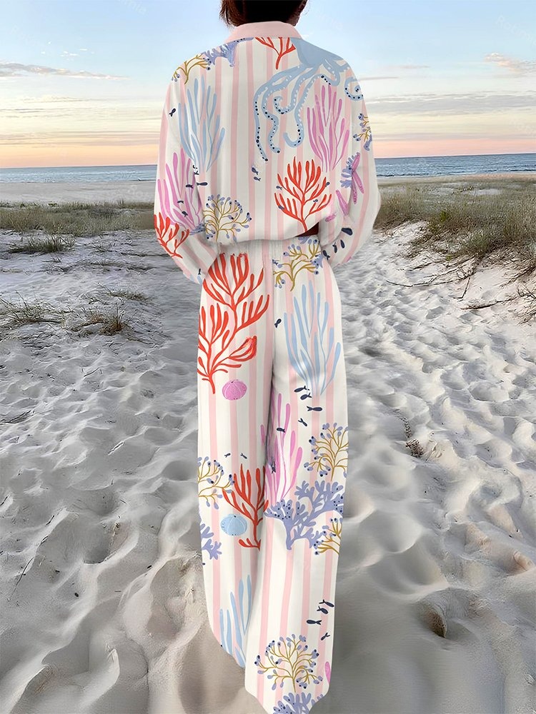 Coral Stripe Print Long Sleeve Two-Piece Set