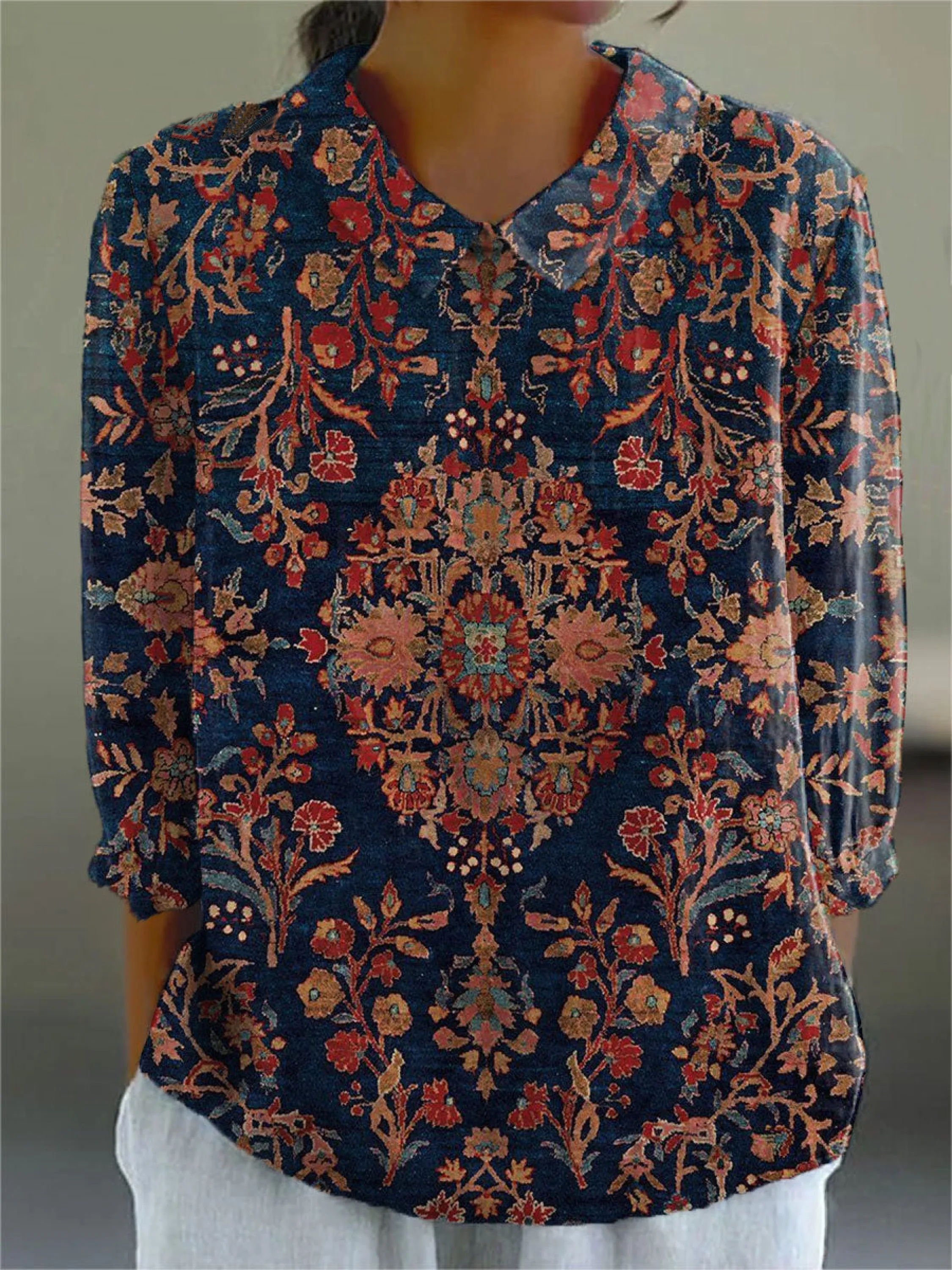 Women's Vintage Flower Art Print Casual 3/4 Sleeve Shirt