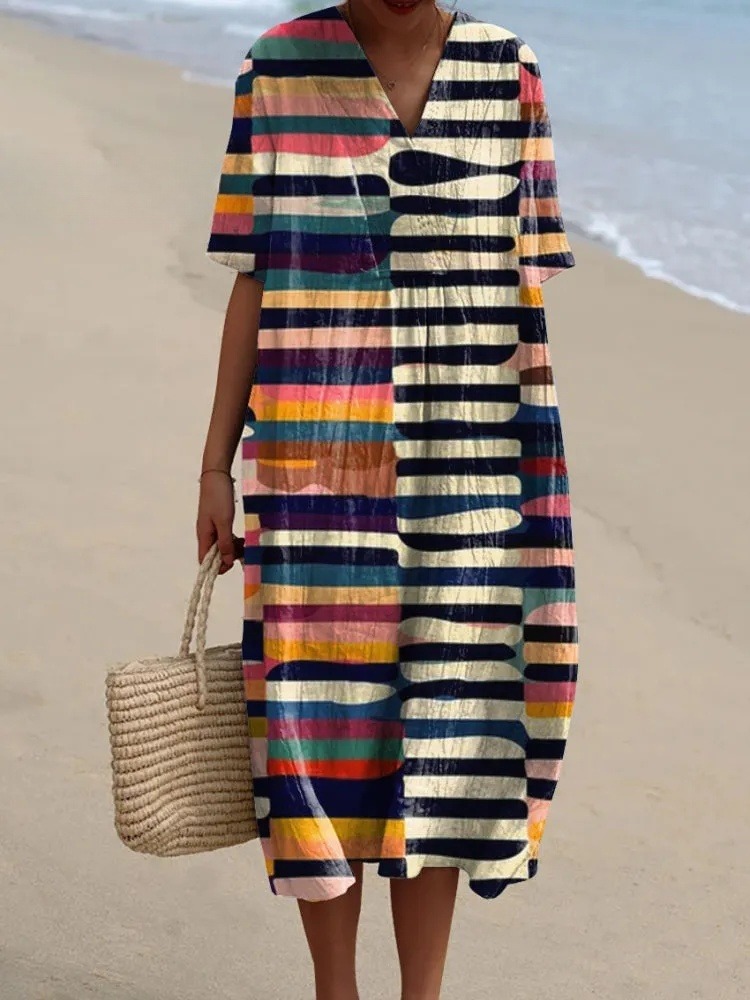 Women's Retro Stripe Art Print Flowy Dress