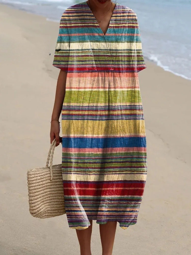 Women's Retro Stripe Art Print Flowy Dress