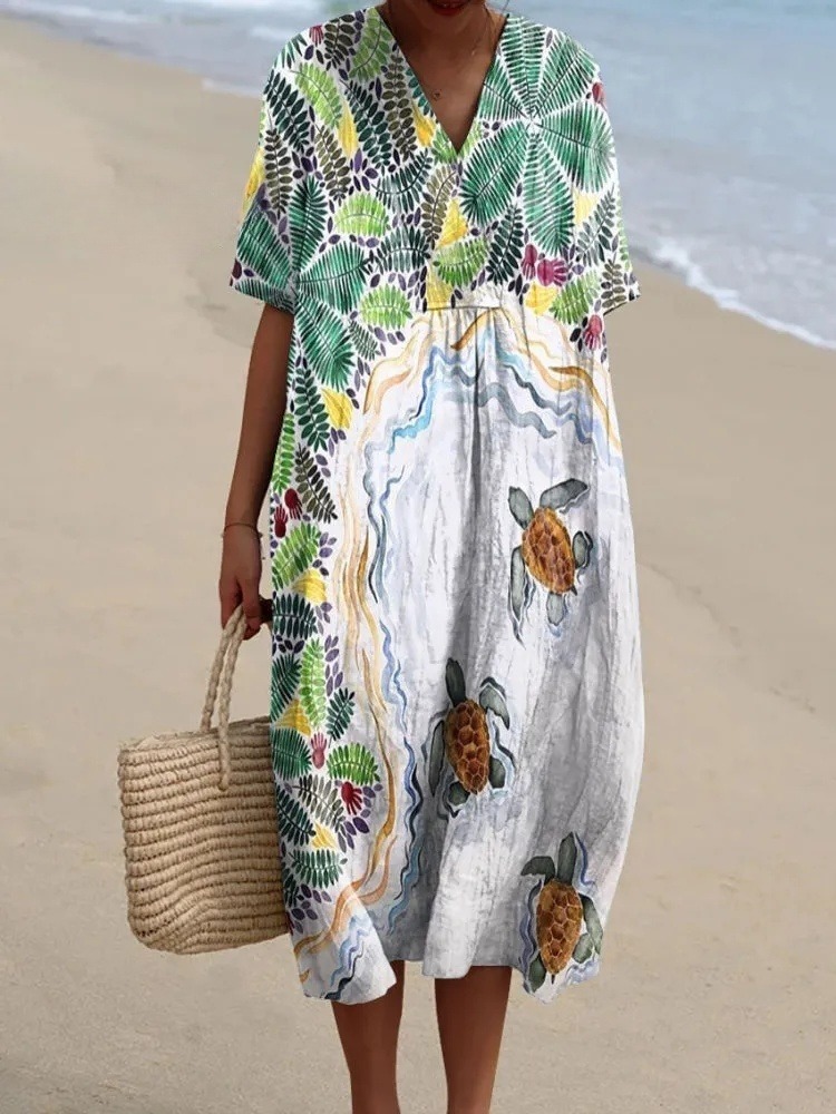Women's Tropical Plants Turtle Art Print Flowy Dress