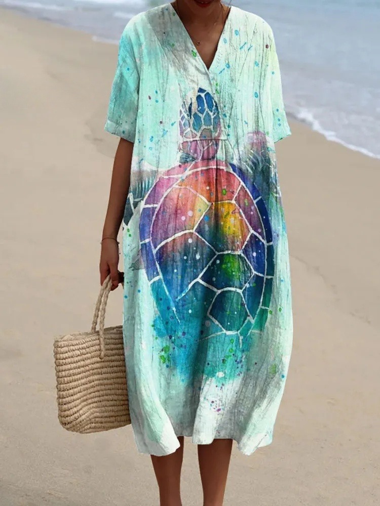 Women's Turtle Art Print Flowy Dress