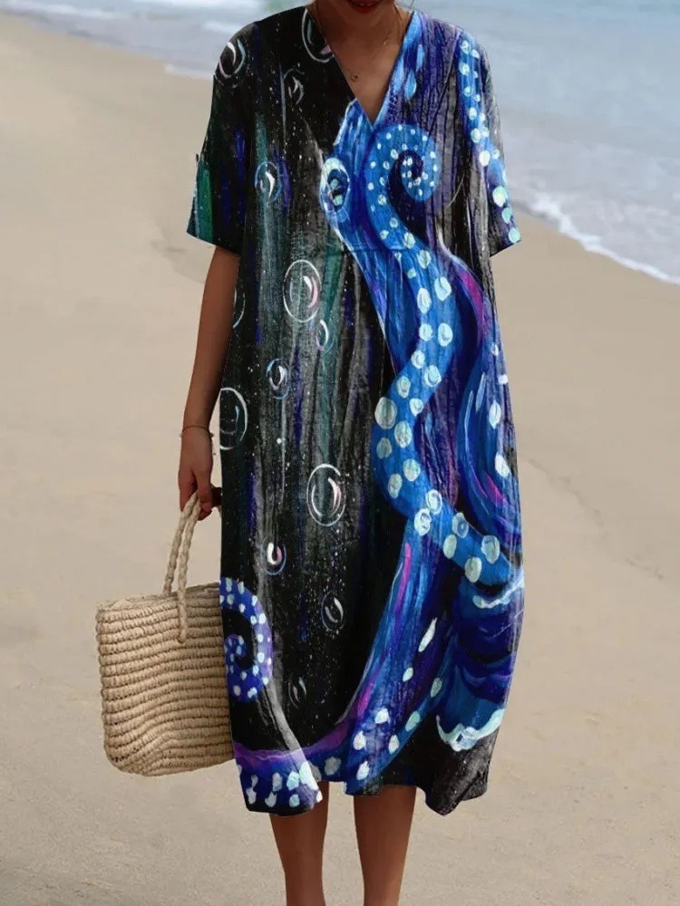 Women's Vintage Octopus Art Print Flowy Dress