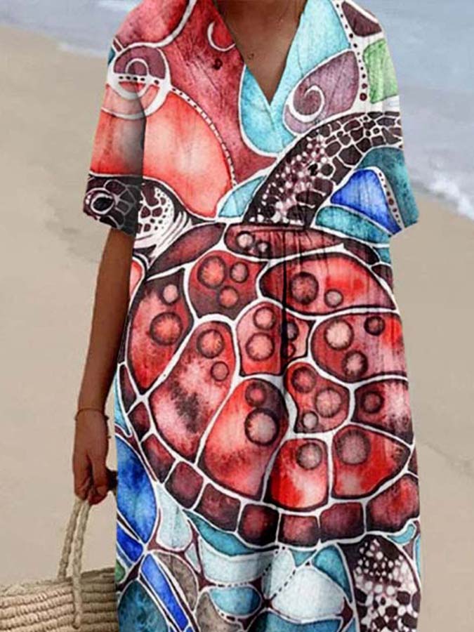 Women's Sea Turtle Colorblock Print Casual Cotton And Linen Dress
