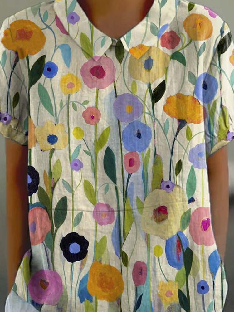 Oil Painting Spring Field Art Printed Women's Casual Cotton And Linen Shirt