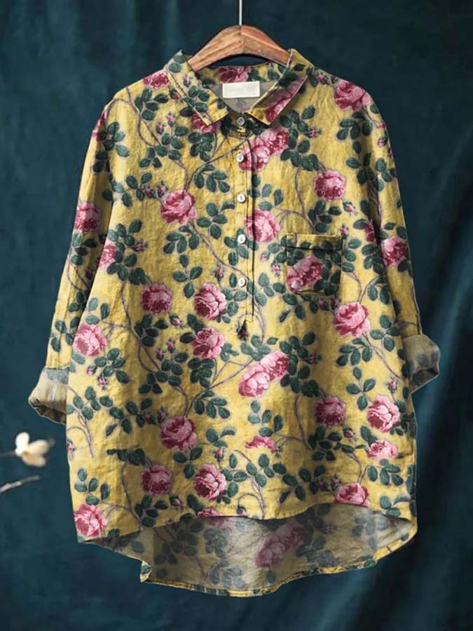 Women's Floral Art Print Casual Cotton And Linen Shirt