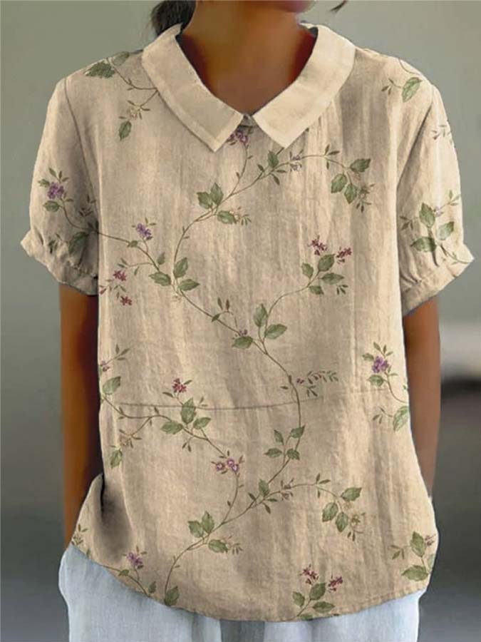 Women's Retro Floral Art Print Casual Cotton And Linen Shirt