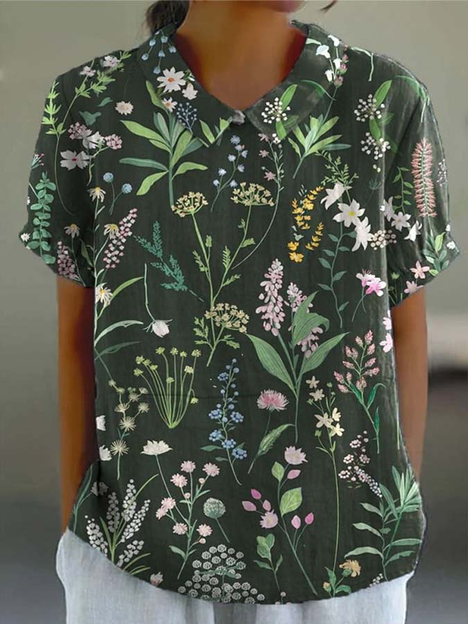 Women's Vintage Floral Art Print Casual Cotton And Linen Shirt