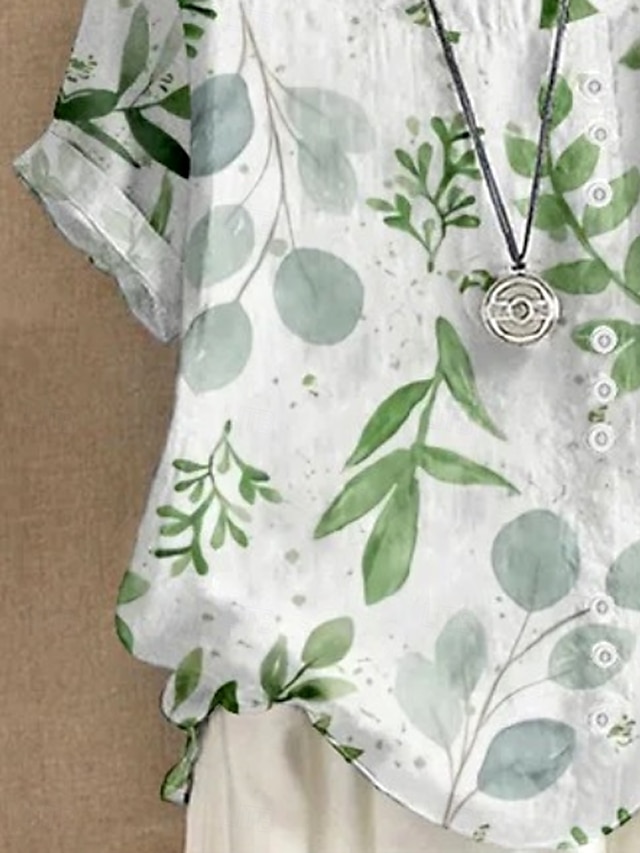 Women's Short - Sleeved Blouse. Elegant Floral & Leaf Print