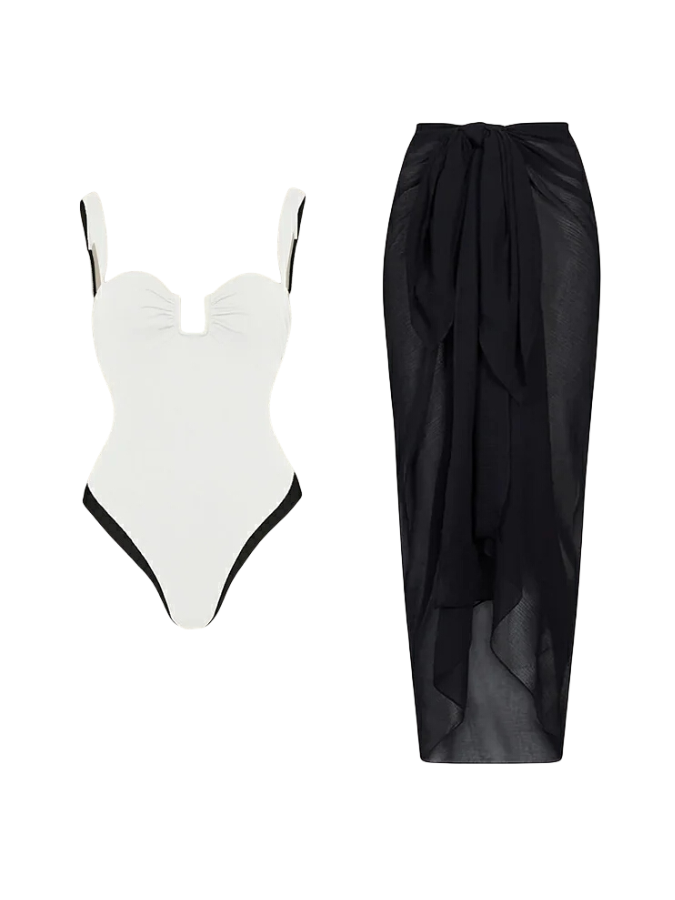 Black And White Color Block Bikini Swimsuit and Sarong