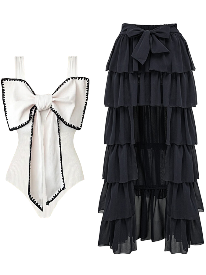 White Bow-tie One Piece Swimwuit and Skirt