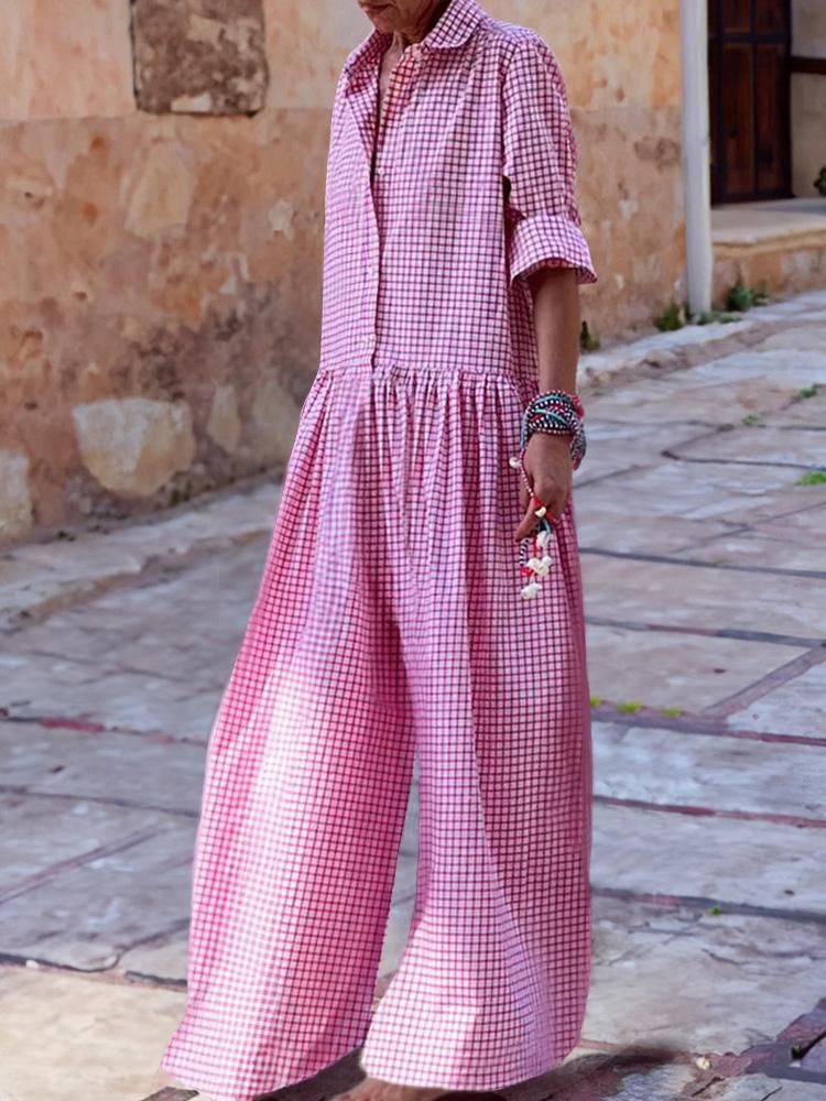 Women's Long Sleeves Shirt Plaid Jumpsuits
