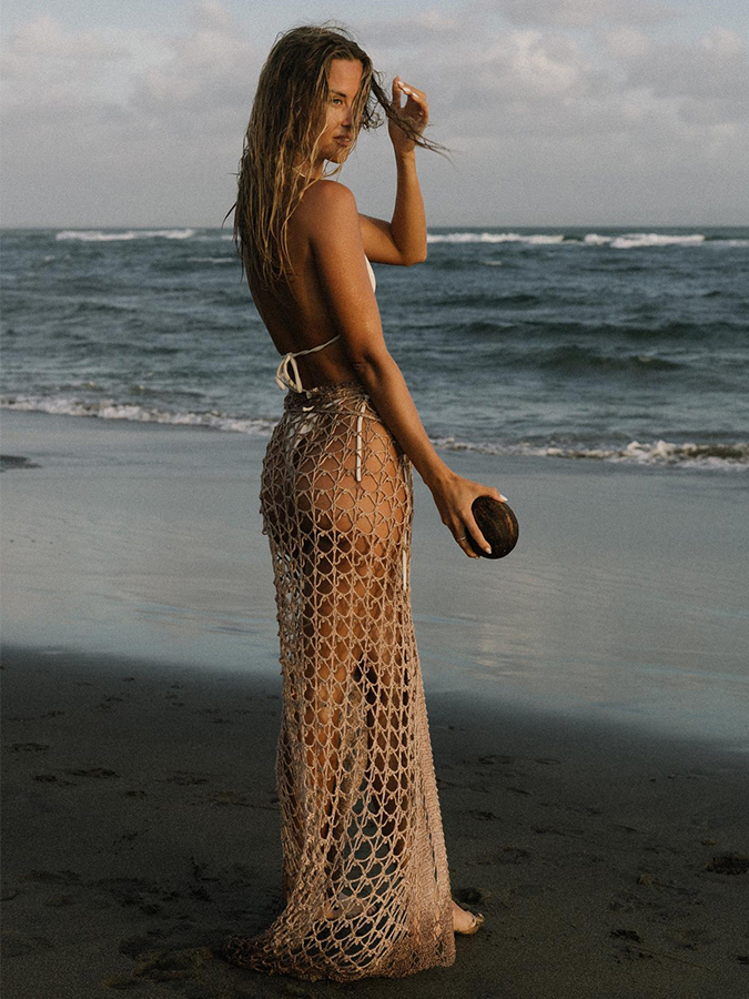 Vintage Solid Beach Bikini and Knitted Cutout Cover-Up
