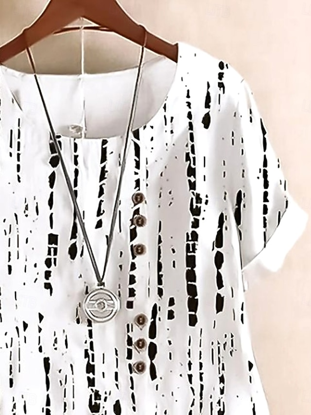 Women's Short - Sleeved Blouse. Elegant Striped Graphic Print