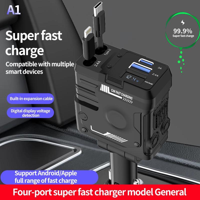 ✨Limited Sale 49% OFF✨ 4 in 1 Retractable Fast Car Charger , USB C Fast Charging Adapter with Lightning Cable&Dual Charge Port