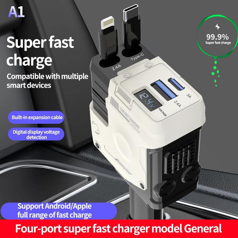 ✨Limited Sale 49% OFF✨ 4 in 1 Retractable Fast Car Charger , USB C Fast Charging Adapter with Lightning Cable&Dual Charge Port
