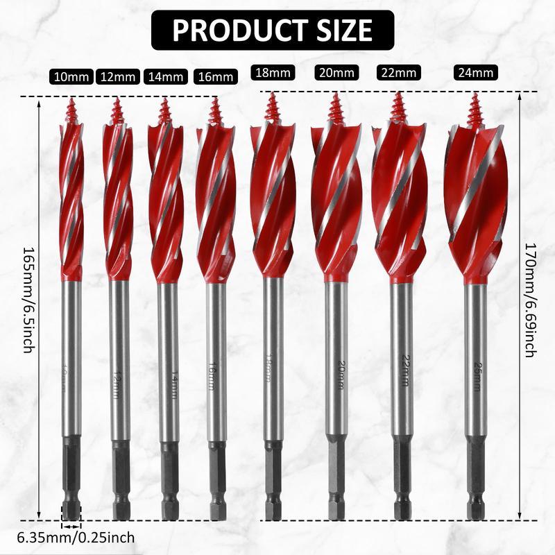 🔥Hot Sale Now 49% OFF - 8 Counts Wood Auger Drill Bit Set | High-Carbon Steel 4 Flute Cut Drilling Bit Kit |  10-25mm Self-Tapping Hex Shank Wood Hole Drill Bit