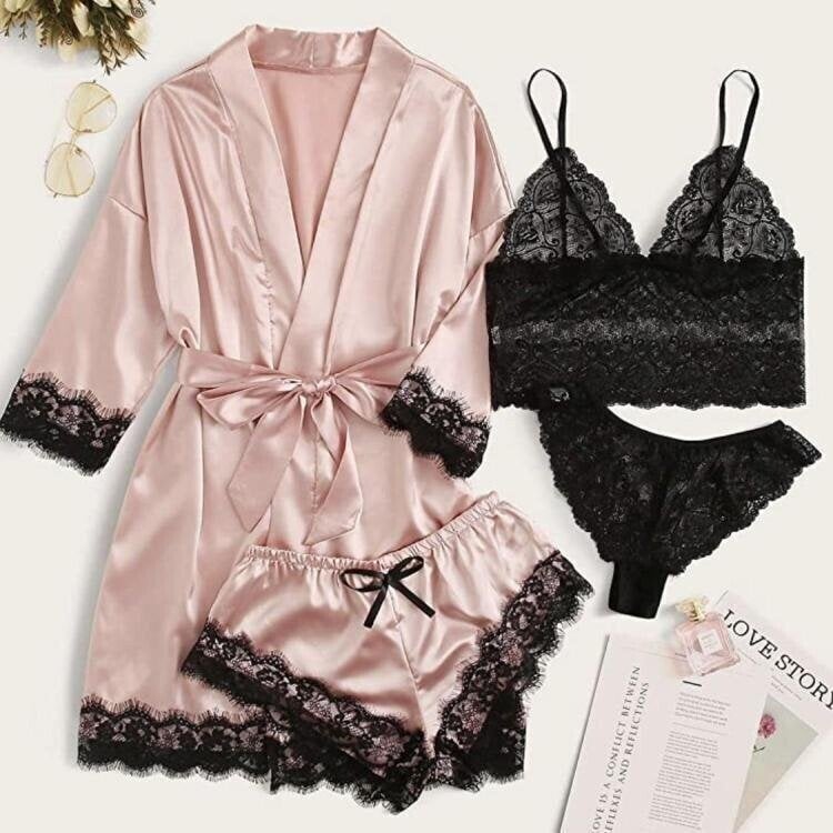 Sexy 4 Pack Lace and Satin Pajamas Set