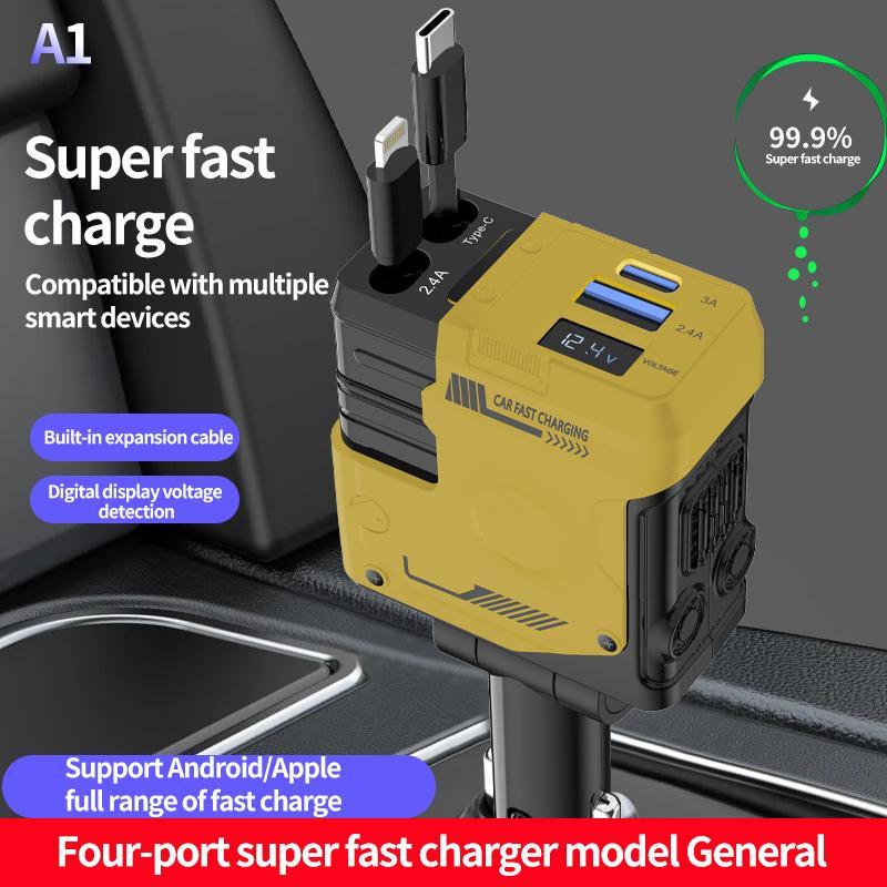 ✨Limited Sale 49% OFF✨ 4 in 1 Retractable Fast Car Charger , USB C Fast Charging Adapter with Lightning Cable&Dual Charge Port