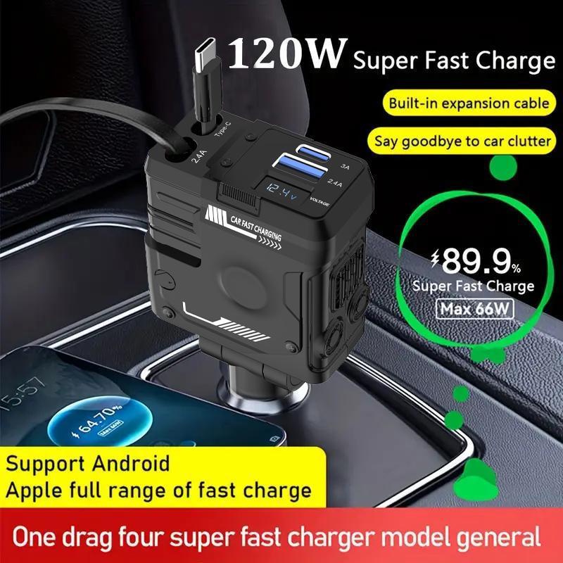 ✨Limited Sale 49% OFF✨ 4 in 1 Retractable Fast Car Charger , USB C Fast Charging Adapter with Lightning Cable&Dual Charge Port