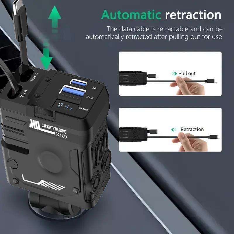 ✨Limited Sale 49% OFF✨ 4 in 1 Retractable Fast Car Charger , USB C Fast Charging Adapter with Lightning Cable&Dual Charge Port