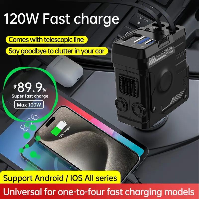 ✨Limited Sale 49% OFF✨ 4 in 1 Retractable Fast Car Charger , USB C Fast Charging Adapter with Lightning Cable&Dual Charge Port