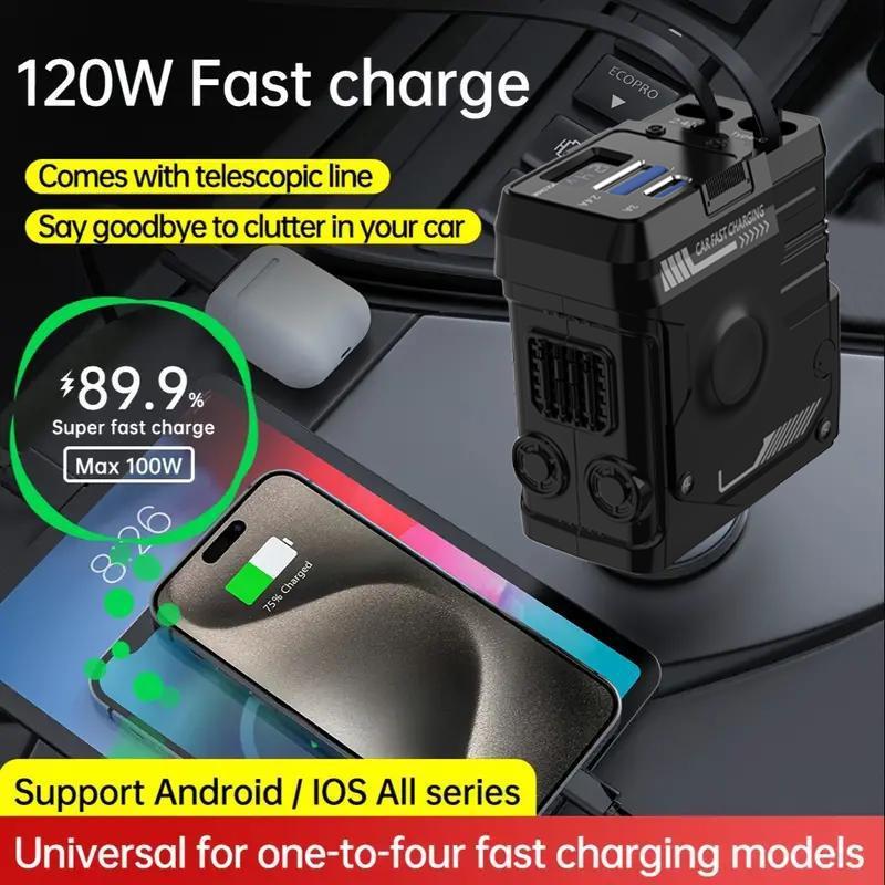 ✨Limited Sale 49% OFF✨ 4 in 1 Retractable Fast Car Charger , USB C Fast Charging Adapter with Lightning Cable&Dual Charge Port