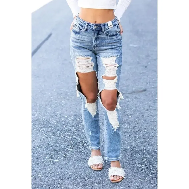 Distressed Frayed Trim Straight Leg Jeans(2 Free Shipping)