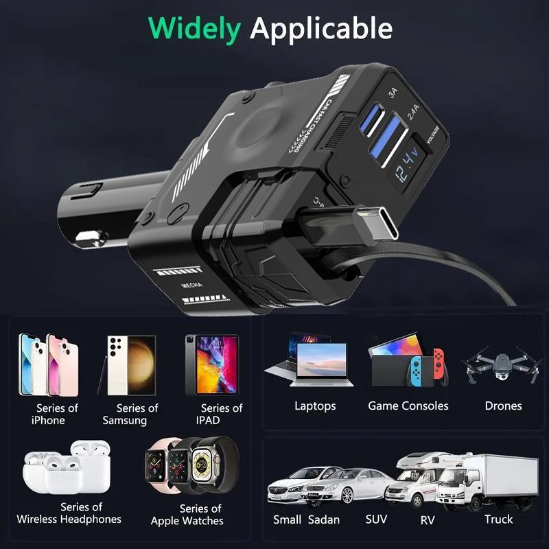 ✨Limited Sale 49% OFF✨ 4 in 1 Retractable Fast Car Charger , USB C Fast Charging Adapter with Lightning Cable&Dual Charge Port