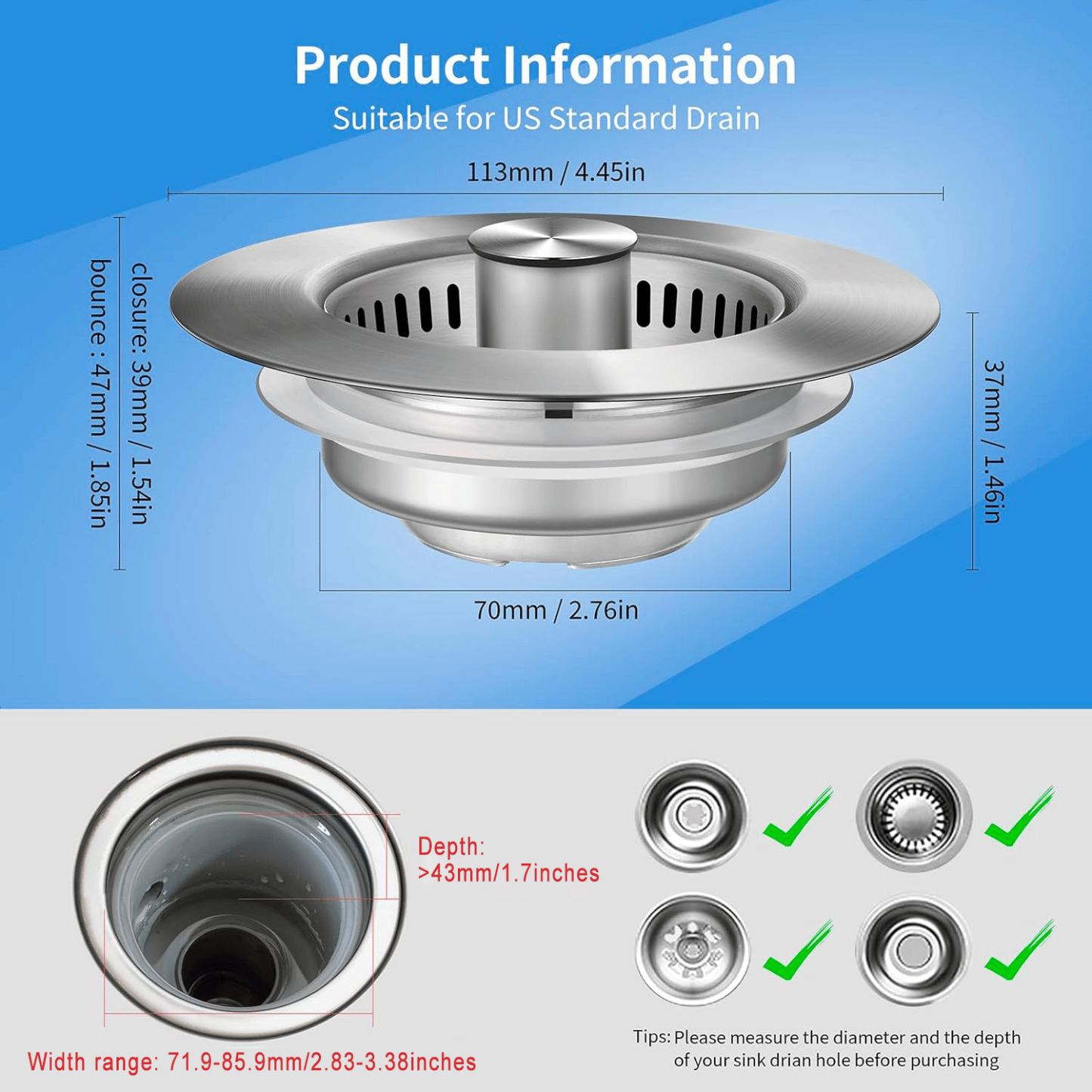 🔥Final Hot Sale-49% OFF🔥 3-in-1 Stainless Steel Sink Drain Strainer