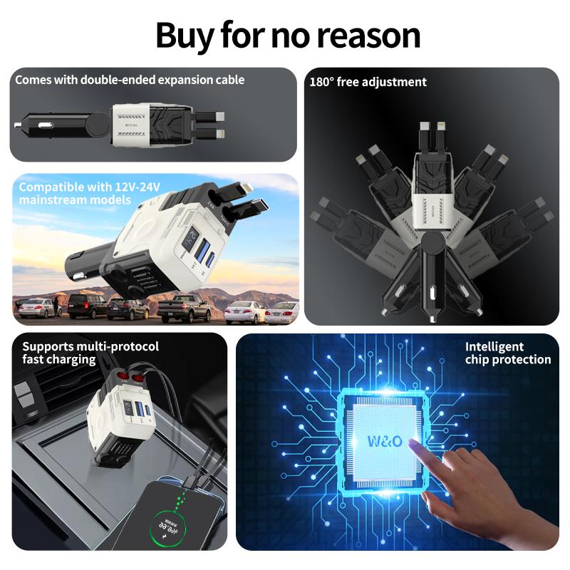 ✨Limited Sale 49% OFF✨ 4 in 1 Retractable Fast Car Charger , USB C Fast Charging Adapter with Lightning Cable&Dual Charge Port