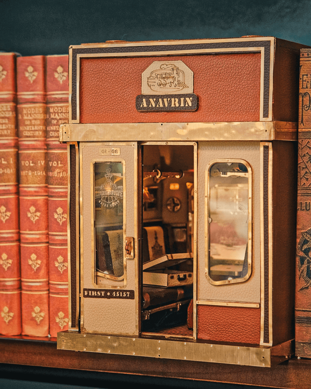 Therapeutic crafting experience: Build the 1940s Train Cabin DIY Book Nook Shelf Insert Craft Kit by Anavrin with vintage inter-phone