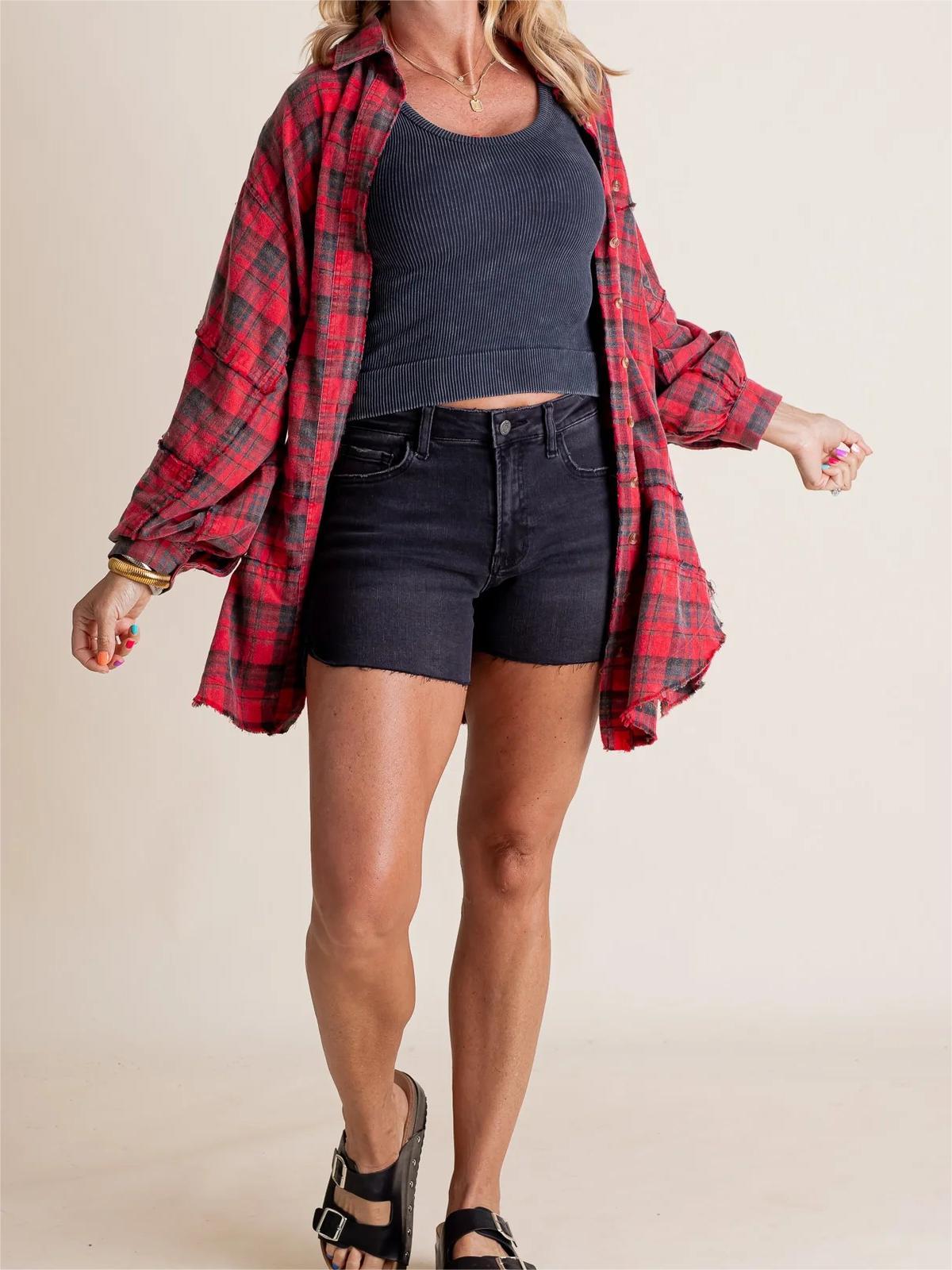 🍁Fall Sale-Women's Seams Raw Edge Washed Oversized Shirt Jacket with Pockets(BUY 2 FREE SHIPPING)