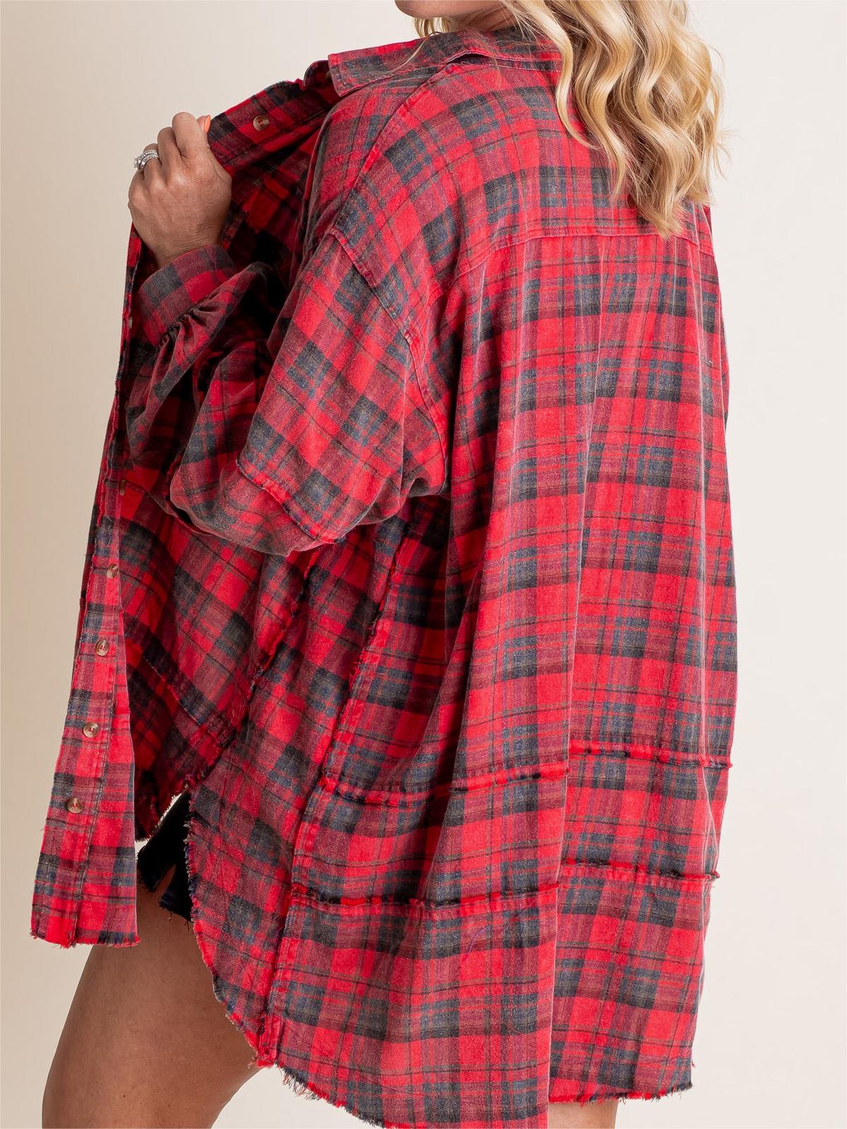🍁Fall Sale-Women's Seams Raw Edge Washed Oversized Shirt Jacket with Pockets(BUY 2 FREE SHIPPING)