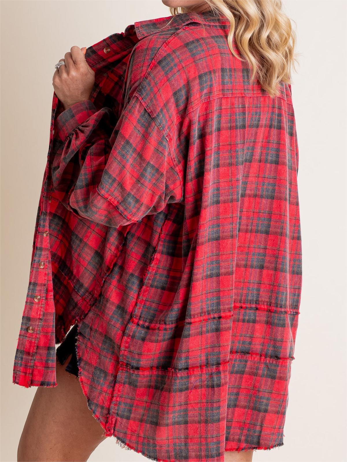 🍁Fall Sale-Women's Seams Raw Edge Washed Oversized Shirt Jacket with Pockets(BUY 2 FREE SHIPPING)