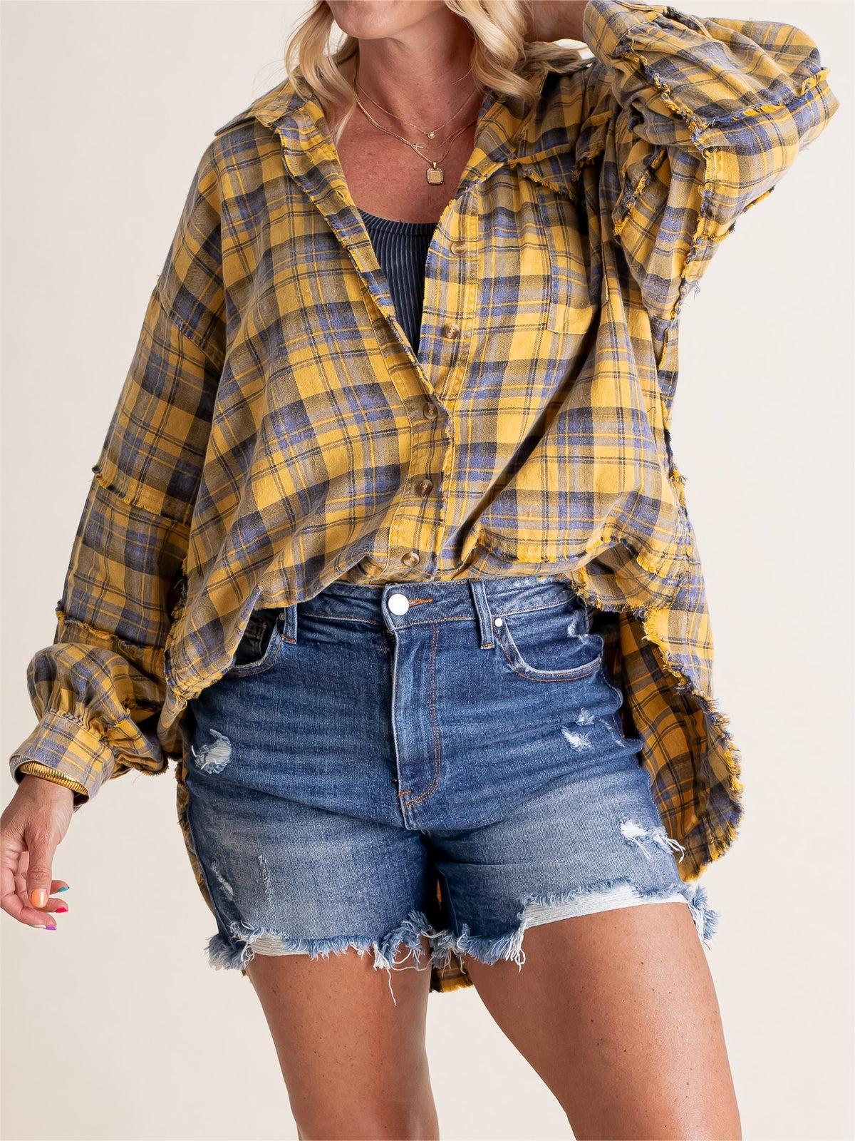 🍁Fall Sale-Women's Seams Raw Edge Washed Oversized Shirt Jacket with Pockets(BUY 2 FREE SHIPPING)