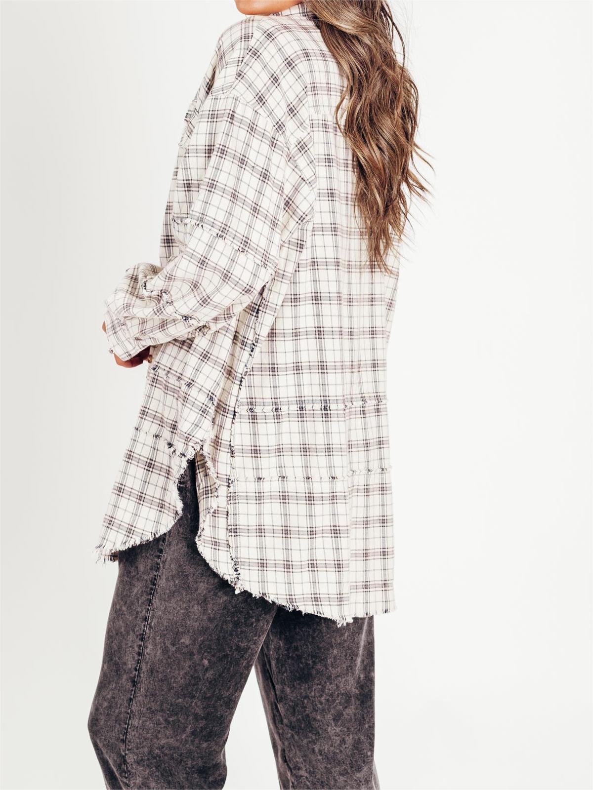 🍁Fall Sale-Women's Seams Raw Edge Washed Oversized Shirt Jacket with Pockets(BUY 2 FREE SHIPPING)