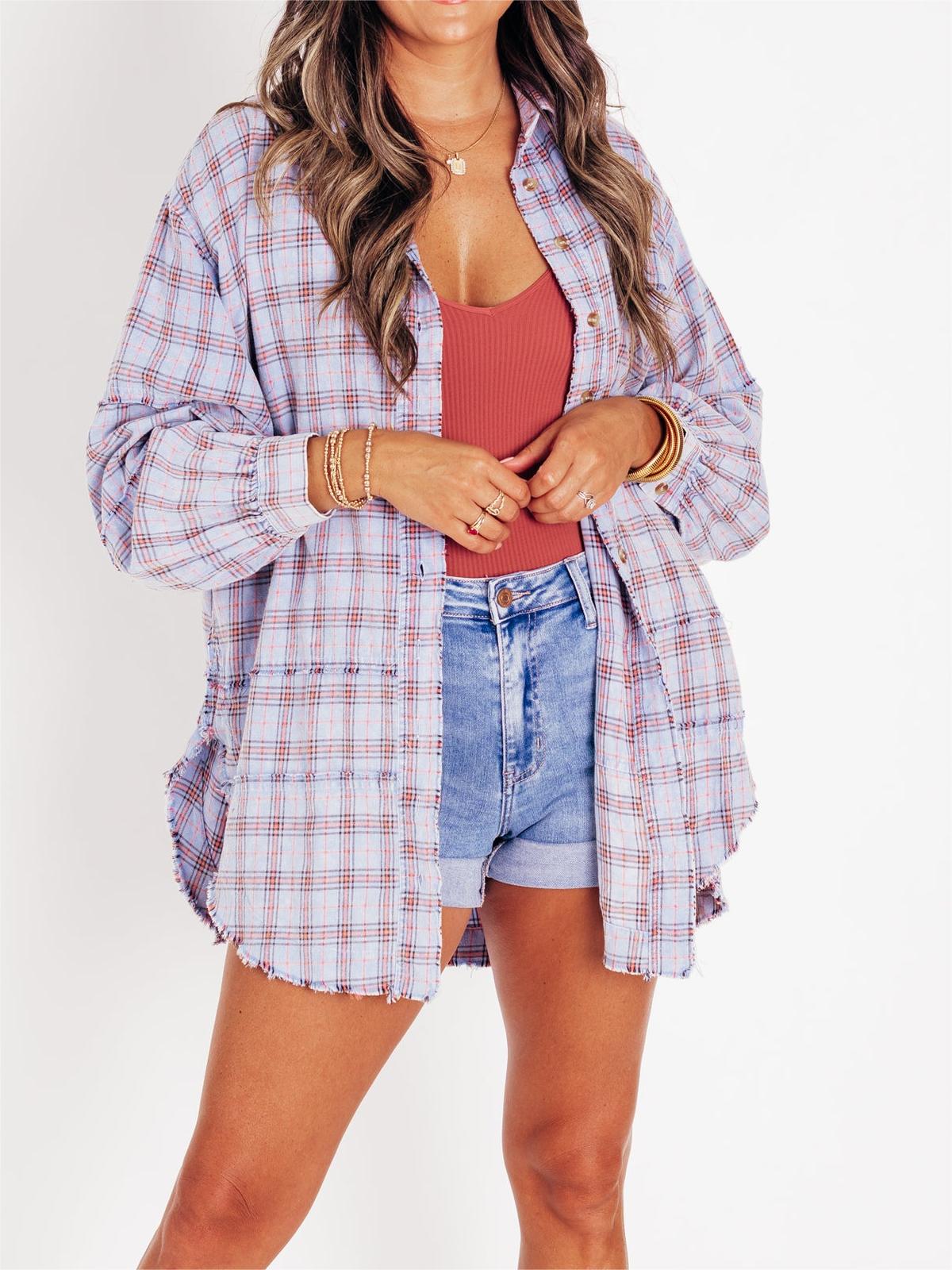 🍁Fall Sale-Women's Seams Raw Edge Washed Oversized Shirt Jacket with Pockets(BUY 2 FREE SHIPPING)
