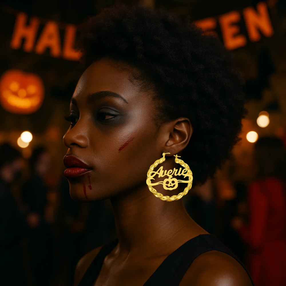 Halloween Custom Pumpkin Nameplate Twist Hoop Earrings
