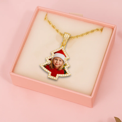 Christmas Tree Shape Zirconia Custom Photo Necklace Rope Chain